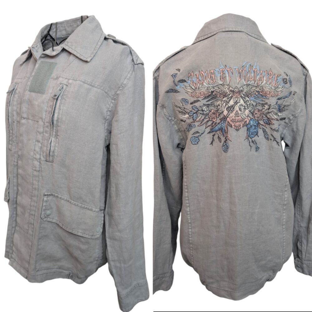 Zadig & Voltaire Kid Linen Glacier Blue Skull Embroidered Utility Jacket XS